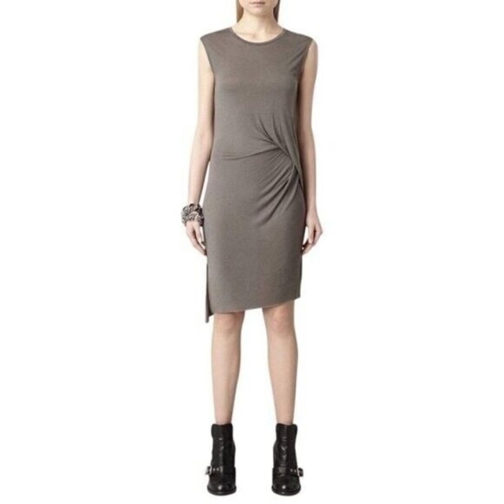 AllSaints Size 6 Grey Marilla Dress Jersey Knit Draped Raw Asymmetric Hem Boho